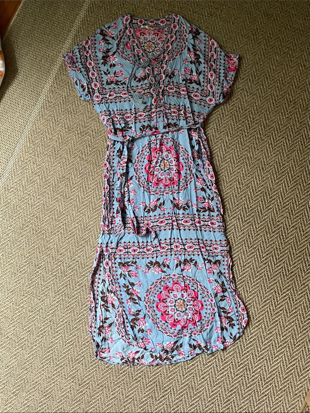entro Light Blue Maxi Dress with Pink Floral Medallions